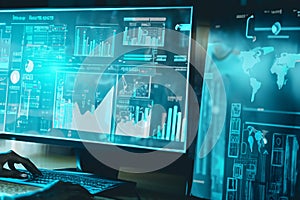 Big data analysis with AI technology for business analytics. Virtual computer screen.