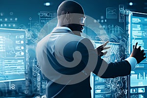 Big data analysis with AI technology for business analytics. Virtual computer screen.