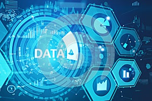 Big data analysis with AI technology for business analytics. Virtual computer screen.
