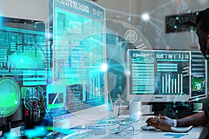 Big data analysis with AI technology for business analytics. Virtual computer screen.