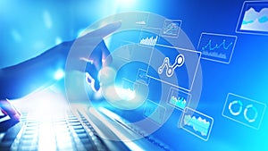 Big data analysis, business intelligence, technology solutions concept on virtual screen.