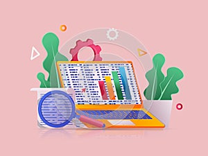 Big data analysis concept 3D illustration. Icon composition with laptop with statistics on screen, magnifier for study of graphs