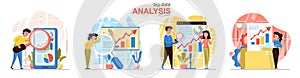 Big Data analysis concept scenes set. Analysts collect statistics, analyze charts, database, business development. Collection of