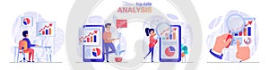 Big data analysis concept scenes set. Collection of people activities