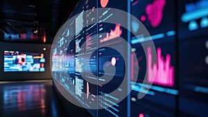 Big data analysis displaying on multiple computer screens in control room