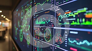 Big data analysis displaying on multiple computer screens showing charts and graphs