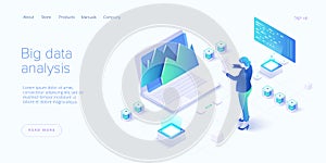 Big data analysis in isometric vector illustration. Abstract datacenter or data hosting server. .Computer storage or workstation