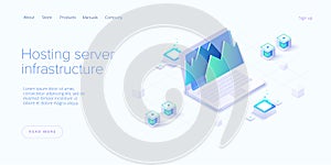 Big data analysis in isometric vector illustration. Abstract datacenter or data hosting server. Ð¡omputer storage or workstation