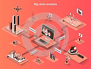 Big data analysis isometric web banner. Collection and analytics of business statistics info flat isometry concept