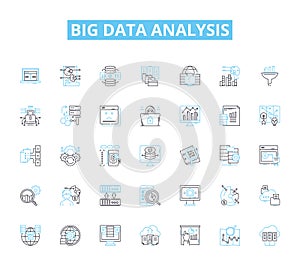 Big data analysis linear icons set. Analytics, Algorithms, Clustering, Correlations, Decision-making, Predictions