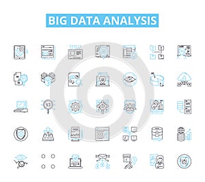 Big data analysis linear icons set. Analytics, Algorithms, Clustering, Correlations, Decision-making, Predictions
