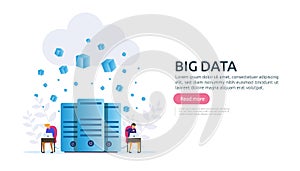 big data and analysis processing concept landing page template. cloud database service, server center room rack with interacting