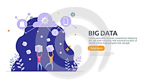 big data and analysis processing concept landing page template. cloud database service, server center room rack with interacting