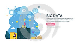 big data and analysis processing concept landing page template. cloud database service, server center room rack with interacting