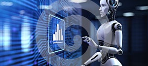 Big data analysis Robotic process automation RPA concept. Robot pressing button on screen 3d render