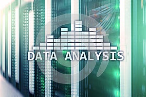 Big Data analysis text on server room background. Internet and modern technology concept