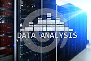 Big Data analysis text on server room background. Internet and modern technology concept.