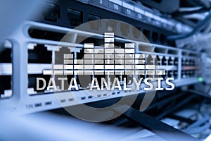 Big Data analysis text on server room background. Internet and modern technology concept