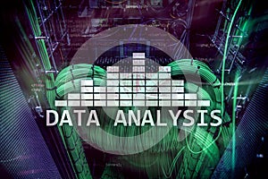 Big Data analysis text on server room background. Internet and modern technology concept