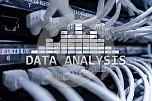 Big Data analysis text on server room background. Internet and modern technology concept