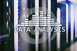 Big Data analysis text on server room background. Internet and modern technology concept