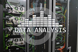 Big Data analysis text on server room background. Internet and modern technology concept