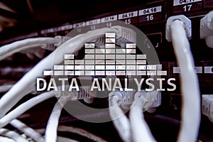 Big Data analysis text on server room background. Internet and modern technology concept