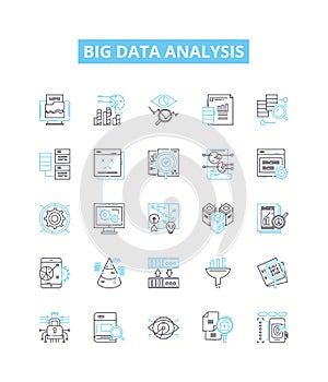 Big data analysis vector line icons set. Analytics, Mining, Storage, Patterns, Visualization, Machine-learning