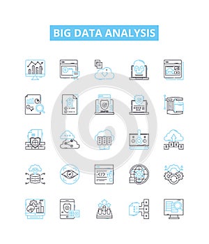 Big data analysis vector line icons set. Analytics, Mining, Storage, Patterns, Visualization, Machine-learning