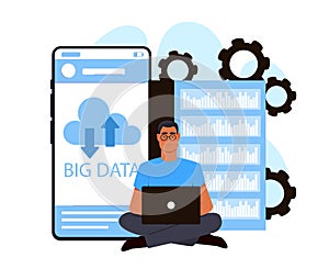 Big data analyst using laptop system. Vector illustration