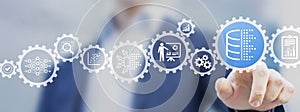 Big data, data analytics and AI concept. Person touching icons about database, data engineering, computing, analyzing, machine