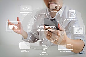 Big data analytics with business intelligence (BI) concept. businessman using mobile phone and laptop computer on white desk