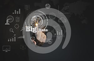 Big data analytics business intelligence concept, dashboard on virtual screen and datum, graph, cloud, financial chart icon
