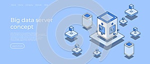 Big data analytics concept 3d isometric web scene. Server room concept. Data saving illustration. Vector illustration concept