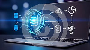 Big Data Analytics Technology Laptop Screen. Cloud Database Processing, Business Intelligence, Dark Blue Background.