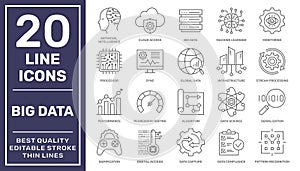 Big Data and Analytics icon set. Big data analysis technology symbol. Containing database, statistics, analytics, server