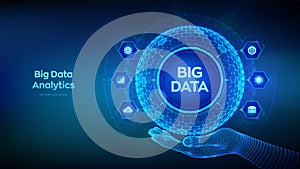 Big data analytics. Big data innovation technology concept. Blockchain network analysis. Artificial intelligence. Hexagonal grid