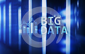 Big data analytics, internet and modern technology concept on server room background.