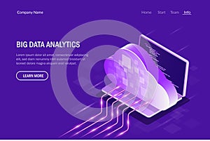 Big Data Analytics Isometric Concept. Cloud Computing. Data streaming. Editable vector illustration.