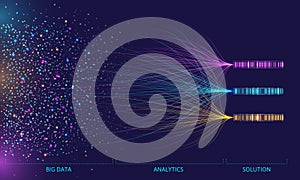 Big data analytics visualization. Digital flow of chaotic data dots connected with analytics lines to solution databases