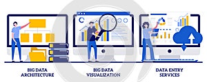 Big data architecture, big data visualization, data entry services concept with tiny people. Information storage infrastructure
