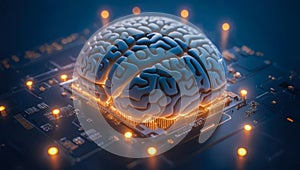 Big data and artificial intelligence concept. Human brain glowing from processor, symbolizing the fusion of human intelligence and