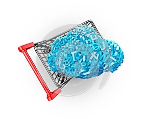 Big data. Blue characters cloud in shopping cart. 3D illustration