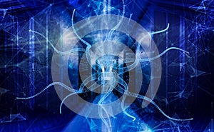 Big data center server room under attack of computer virus 3d rendering