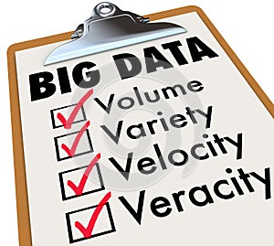 Big Data Checklist Volume Veracity Variety Velocity 3d Illustration