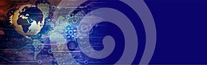 Big data. Cogs circuit global Background, flowing number one and zero text in binary code format in technology background.