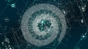 Big data concept. AI, Blockchain, Hi tech. Global database and artificial intelligence