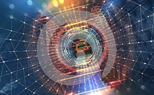 Big Data concept. Flow of digital data in global network. Quantum computer. Speed portal. Hadron Collider photo
