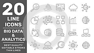 Big Data, Database analytics, information technology, digital processign icons lines set isolated vector illustration. Editable