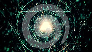 Big Data Digital Tunnel triangle with futuristic matrix. Network of particles with binary code. Technological and